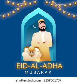 Concepto De Eid Al Adha Mubarak Con Hombre Islámico De Pie, Oveja De Caricatura, Luna Creciente Y Garland Estrella Decorados Con Fondo Azul.