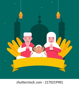 Eid Al Adha Mubarak Konzept mit islamischem Paar, das Namaste, Cartoon Schafe, Blätter und Hängelchen auf blauem silhouette Moschee Hintergrund.