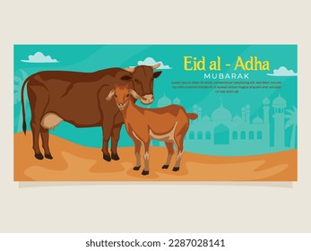Eid al adha mubarak cow goat banner illustration