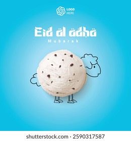 Eid al Adha Mubarak creative design featuring an ice cream scoop forming a sheep, symbolizing sacrifice and celebration. Unique social media concept for festive branding and greetings.