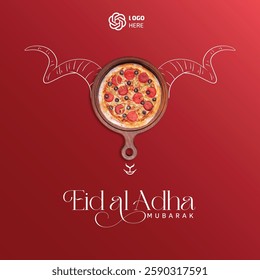 Eid al Adha Mubarak creative design featuring a pizza in a wooden pan forming ram horns, symbolizing sacrifice and festivity. Unique social media concept for festive branding.