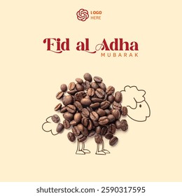 Eid al Adha Mubarak creative greeting with coffee beans forming a sheep, symbolizing sacrifice and celebration. Unique social media design concept for festive branding.