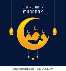 Eid Al Adha Mubarak With Crescent Moon, Lanterns, Stars Greetings Post Design Template