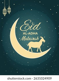 Eid Al Adha Mubarak with Crescent Moon and Goat Silhouette