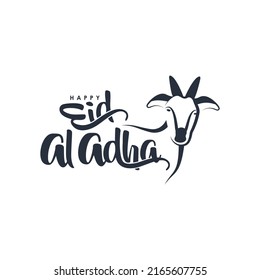 Eid Al Adha mubarak with cute sheep animal,isolated calligraphy of happy eid al adha mubarak with black color. Feast of the Sacrifice. The holiday occurs after the culmination of the annual Hajj.