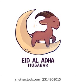 Eid Al Adha Mubarak. cute goat is standing on the moon with confidence