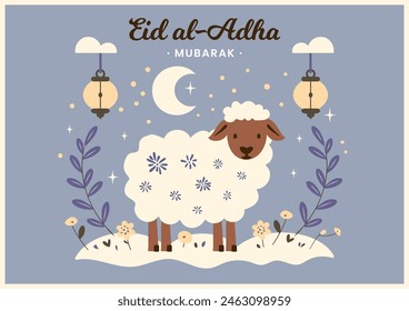 Eid Al Adha Mubarak cute flat vector illustration with sheep, mosque, moon and text for greeting card design. Eid Mubarak, arabic children illustration for muslim festival celebration