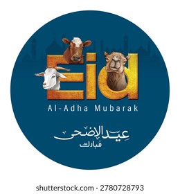 Eid Al Adha mubarak with cute sheep cow and camel, The holiday occurs after the culmination of the annual Hajj. you can use it for islamic occasions like Eid Ul Fitr and Eid Ul Adha