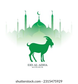 eid al adha mubarak day with mosque and iconic goat vector illustration