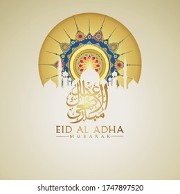 Eid al Adha Mubarak Design with arabic calligraphy, mosque silhouette and  floral circle of mosaic Islamic ornament. design in texture and 3d style.