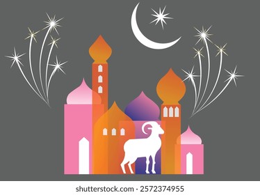 Eid al adha mubarak festival banner design Qurban in Eid Al Adha Mubarak with Mosque, Stars and Lanterns as Background.