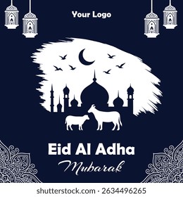 Eid Al Adha Mubarak Festive Islamic Greeting Card with Mosque and Animals