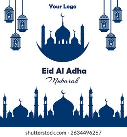 Eid Al Adha Mubarak Festive Islamic Greeting Card with Mosque Silhouette and Lanterns