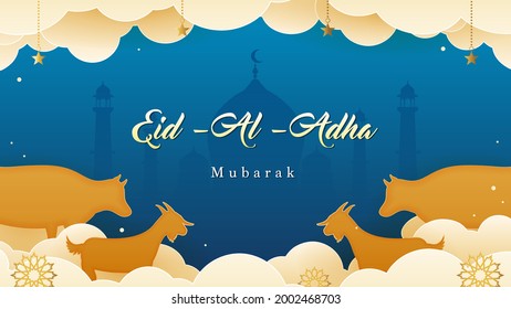 Eid Al Adha Mubarak frame background Vector illustration. Goat, cow and mosque on blue background. Blue and Gold theme