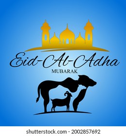 Eid Al Adha Mubarak frame background Vector illustration. Goat, cow, camel and mosque 