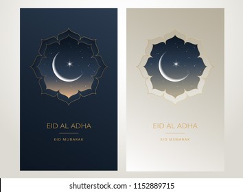 Eid Al Adha Mubarak gold greeting card vector design - islamic beautiful background with moon and golden text - Eid Al Adha, Eid Mubarak. Islamic illustration for muslim community festival celebration
