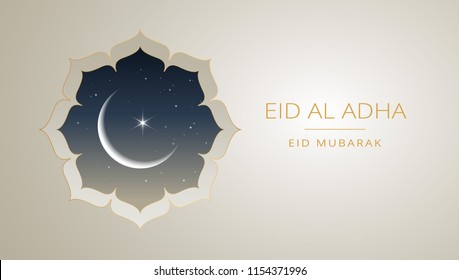 Diseño vectorial de tarjetas de felicitación dorada Eid Al Adha Mubarak - fondo islámico hermoso con luna y texto dorado - Eid Al Adha, Eid Mubarak. Ilustración islámica de la celebración del festival comunitario musulmán