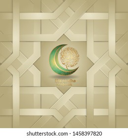 Eid al adha mubarak with golden luxurious arabic calligraphy and crescent moon. template islamic ornate greeting card vector.