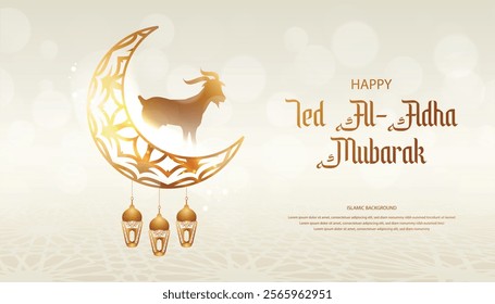 Eid Al Adha Mubarak Golden Crescent Moon Goat Lanterns Islamic Background