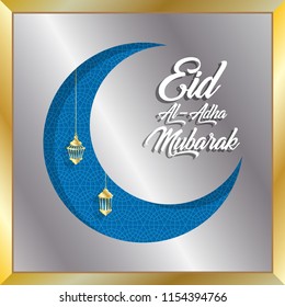 Eid al adha mubarak greeting with crescent moon for muslim holiday. All the objects are in different layers and the text types do not need any font. 