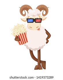 Eid al Adha Mubarak greeting card with funny ram in 3D glasses holding popcorn. Traditional Muslim holiday. Vector illustration on white background