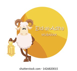 Eid al Adha Mubarak greeting card with funny ram holding lantern. Traditional Muslim holiday. Vector illustration with yellow circle on background