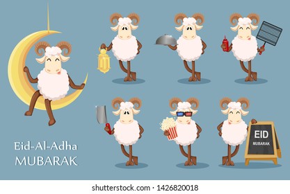 Eid al Adha Mubarak greeting card with funny ram, set of seven poses. Traditional Muslim holiday. Vector illustration