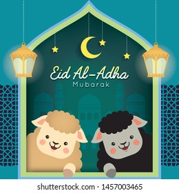 Eid Al Adha mubarak greeting card. Cute cartoon black sheep and white sheep with fanoos lantern & mosque. Festival of Sacrifice vector illustration.