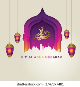 Eid Al Adha Mubarak greeting design with arabic calligraphy lantern and gradation color gate mosque. vector illustration vector illustration