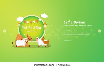 Eid al Adha mubarak greeting concept with camel, goat and two sheep character