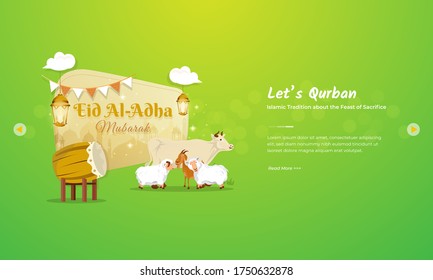 Eid Al Adha Mubarak Greeting Concept With Cattle, Goat And Sheep Character