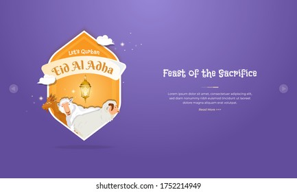 Eid al Adha mubarak greeting concept with sheep and goat character