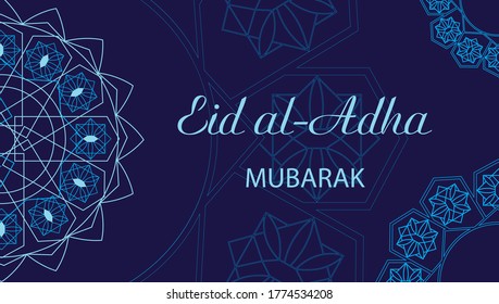 Eid Al Adha Mubarak greeting arabic holiday. Holy month muslim community template invitations. Feast of sacrifice kurban bayram. Islam calligraphy invitation with mandala. Festival vector illustration