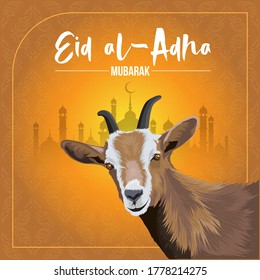 Eid Al Adha mubarak greeting card with brown sheep