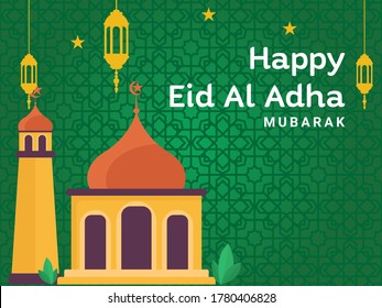 Eid Al Adha Mubarak Greeting card. Vector illustration islamic background with beautiful mosque design, stars, moon and antique lanterns