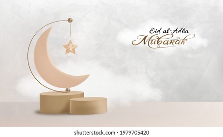 Eid al Adha Mubarak greeting design with Crescent Moon and Star hanging on 3D podium on grey cement background.Vector Backdrop of Religion of Muslim Symbolic for Eid al fitr, Ramadan Kareem