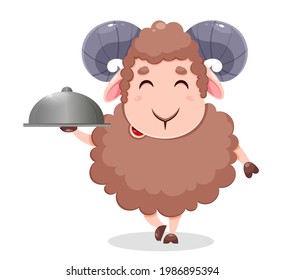 Eid Al Adha Mubarak greeting card. Cartoon sacrificial sheep for the celebration of Muslim traditional festival. Funny character ram. Stock vector illustration on white background