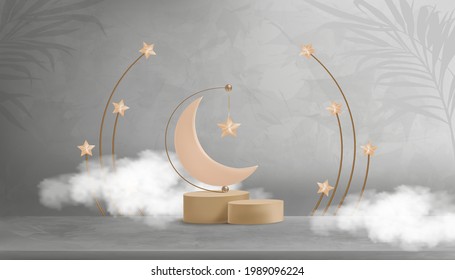 Eid al Adha Mubarak greeting design with Crescent Moon and Star hanging on 3D podium on grey cement background.Vector Backdrop of Religion of Muslim Symbolic for Eid al fitr, Ramadan Kareem