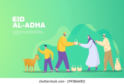 Eid al Adha mubarak greeting concept. illustration of sharing the meat of the sacrificial animal that has been cut