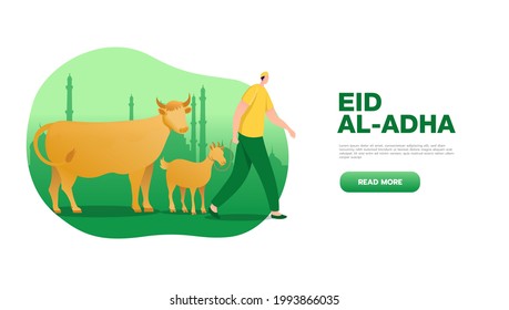 Eid al Adha mubarak greeting concept with people character bring sacrificial animal for web landing page template, banner, presentation, social, and print media