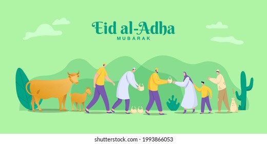 Eid al Adha mubarak greeting concept. illustration of sharing the meat of the sacrificial animal that has been cut svg