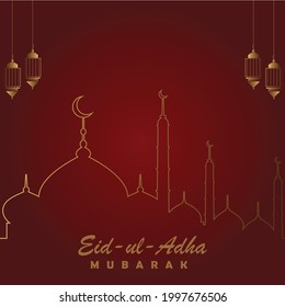 Eid Al Adha Mubarak .greeting card with mosque and lanterns hanging on red background. Use for banner, poster, flyer, brochure sale template.
