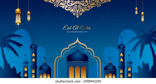 Eid Al Adha Mubarak greeting background Vector illustration, Beautiful mosque with Arabic lanterns and stars, Muslim community festival.