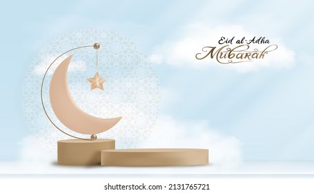 Eid al Adha Mubarak greeting design with Crescent Moon and Star hanging on 3D podium on blue sky and cloud background.Vector Backdrop of Religion of Muslim Symbolic for Eid al fitr, Ramadan Kareem