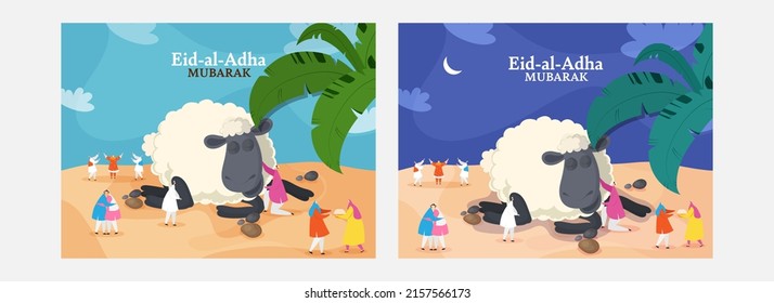 Eid Al Adha Mubarak Greeting Card With Cartoon Islamic People Enjoying And Cartoon Sheep On Background In Two Color Options.