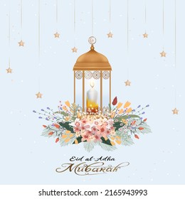 Eid al Adha Mubarak diseño de saludo con Luna de Crescent y Estrella colgando en linterna árabe, flor de ramo en fondo beige,Tarjeta vectorial de Religión de Simbólica Musulmana para Eid al fitr, Ramadan Kareem