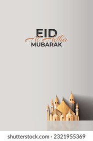 eid al adha mubarak greeting card with a mosque paper cut style