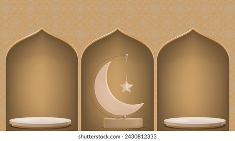 Eid al Adha Mubarak greeting design with Crescent Moon and Star hanging on 3D podium on Beige background.Vector Backdrop of Religion of Muslim Symbolic for Eid al fitr, Ramadan Kareem