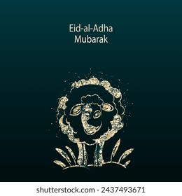 Eid Al Adha Mubarak Greeting Card with Glittering Effect Sheep Cartoon Against Dark Teal Background.