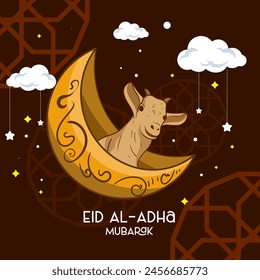 Eid al adha mubarak greeting card with Cow, goat and lamb Poster banner vector illustration graphic design. The image is of a happy Eid al-Adha celebration